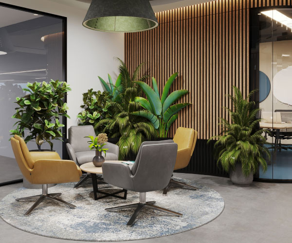 Project Altair: Modern office space with stylish furniture, vibrant plants, and a cozy, contemporary design.